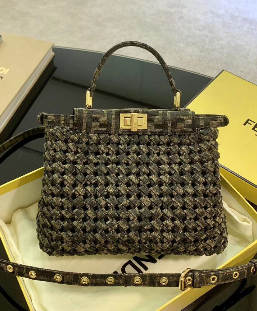 Fendi Peekaboo Iconic Mini Fabric Interlace Bag Dark Coffee